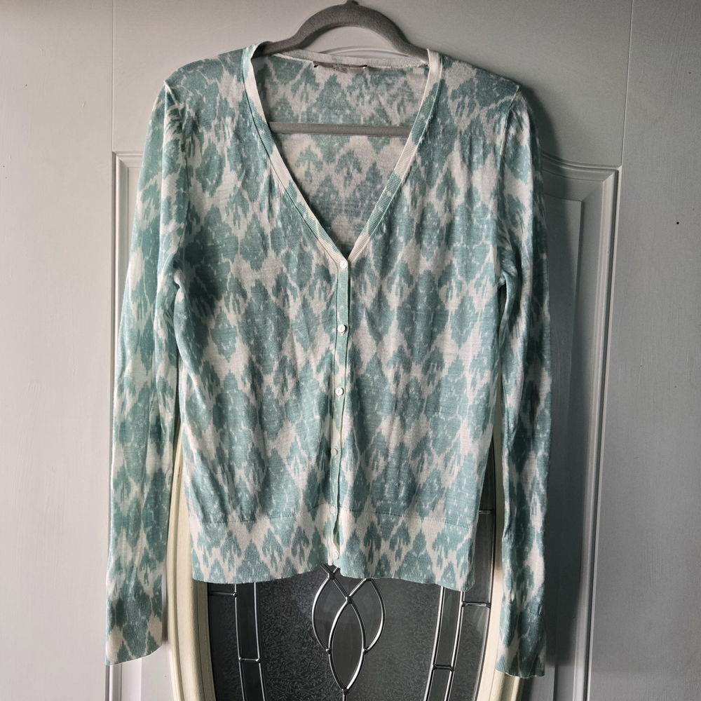LOFT Mint Green & White Ikat Print Button-Up Cardigan – Size Large